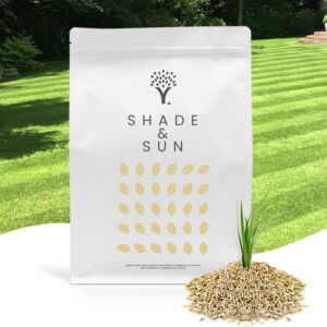 Image de face de gazon ombre avec des graines d'herbe devant le sachet